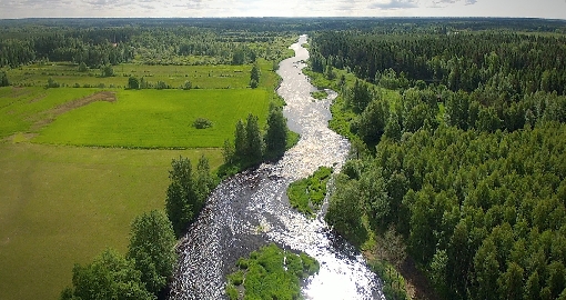 River Merikarvianjoki is flowing through fields and forests.