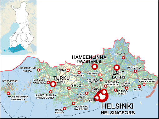 Etelä-Suomen ja saaristoalueen kartta.